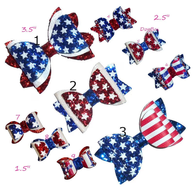 DogBowBarrettes 4th of July THREE SIZES red white glitter stars patriotic pet hair bow collar slide accessory barrette USA (DC10)