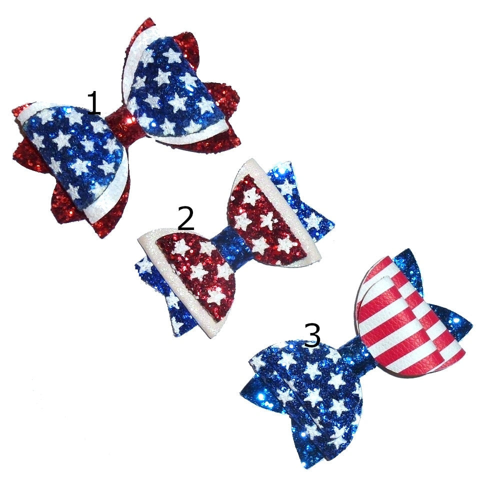 DogBowBarrettes 4th of July THREE SIZES red white glitter stars patriotic pet hair bow collar slide accessory barrette USA (DC10)