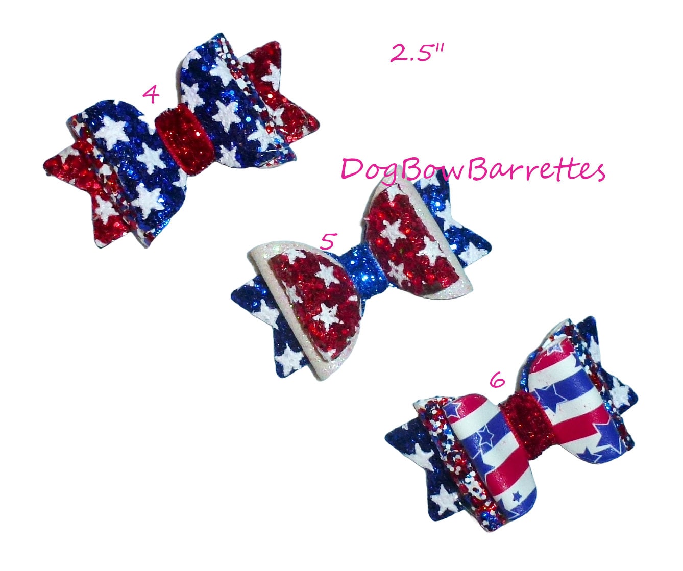 DogBowBarrettes 4th of July THREE SIZES red white glitter stars patriotic pet hair bow collar slide accessory barrette USA (DC10)