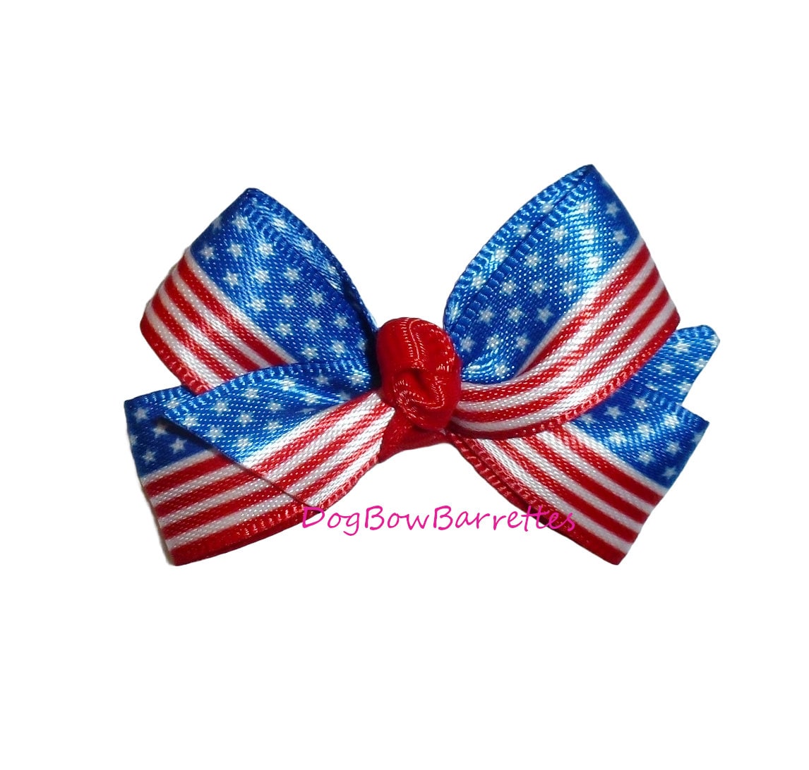 Puppy Bows ~Patriotic satin flag 4th of July red/white/blue dog bow pet hair clip barrette or latex bands (fb168F)