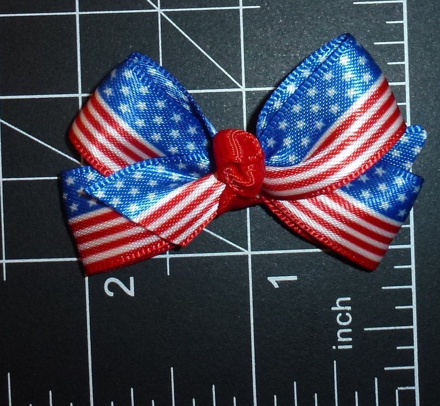 Puppy Bows ~Patriotic satin flag 4th of July red/white/blue dog bow pet hair clip barrette or latex bands (fb168F)