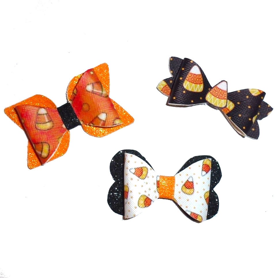 Puppy Dog Bows ~ Halloween candy corn black orange hair bow barrettes or bands (fb322)