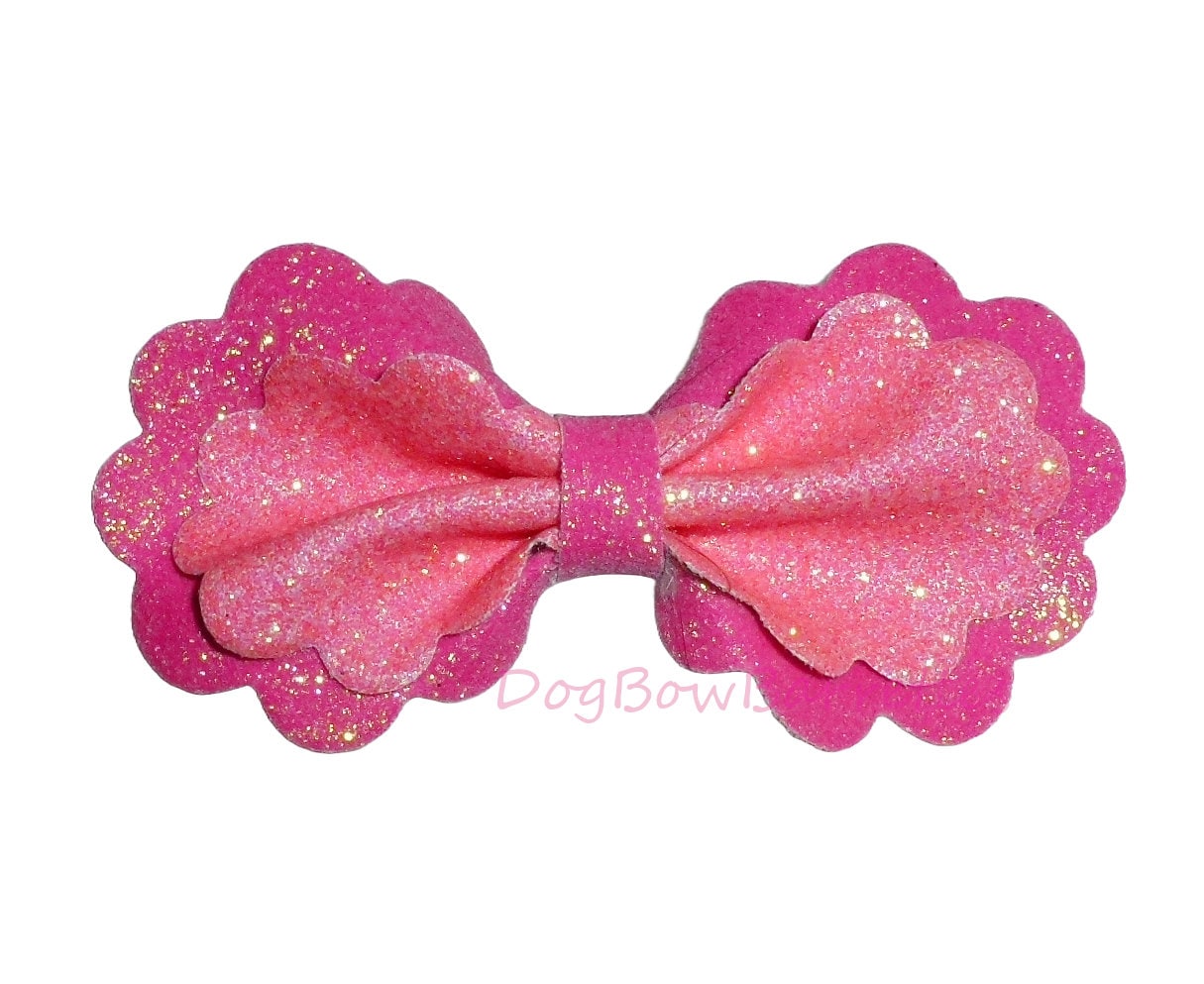 Puppy Bows ~ Pink glitter ruffle edge hair bows barrette or bands pet dog bow (fb163F) (Copy)