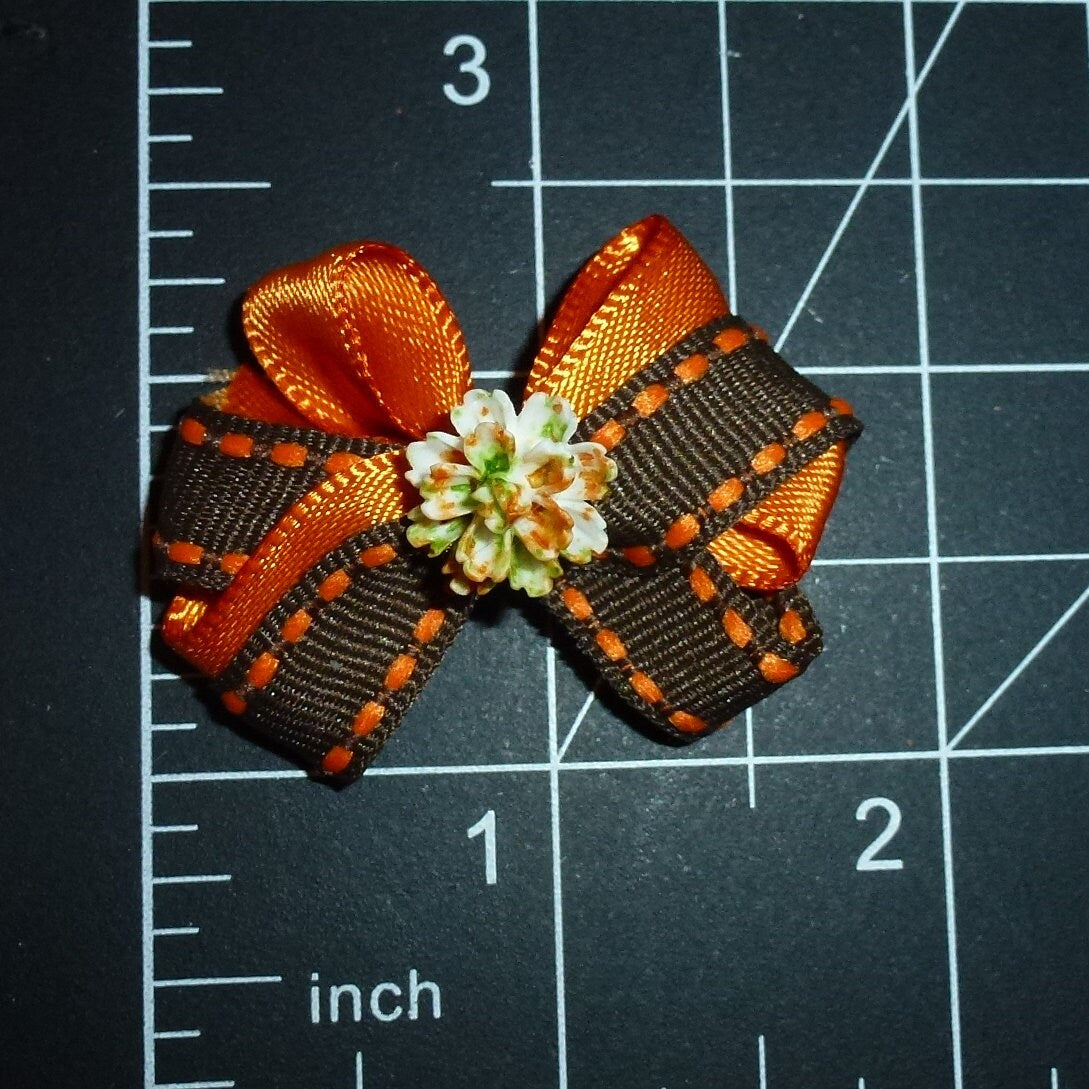 Puppy Bows TINY Orange brown Autumn fall chrysanthemum pet hair clip barrette or latex bands (230a)