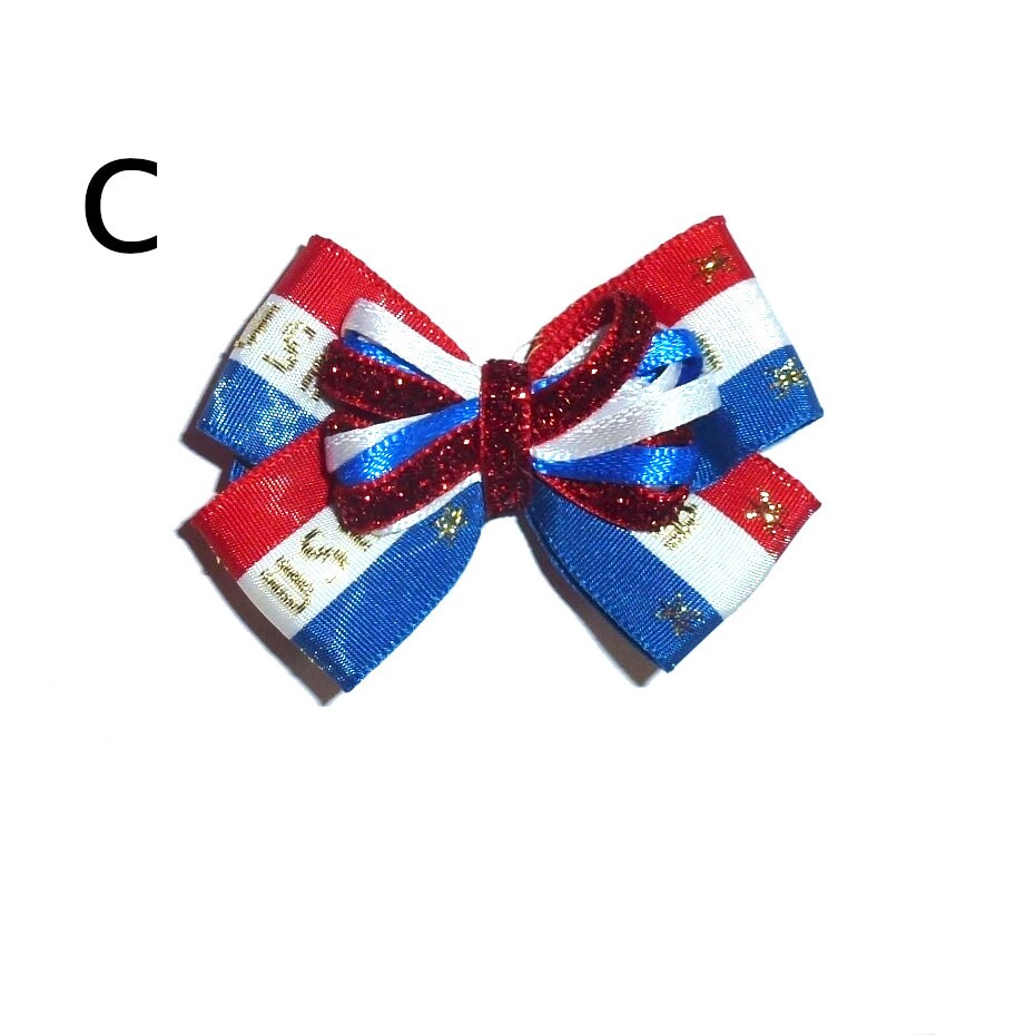 Puppy Bows ~Patriotic 4th of July red/white/blue dog bow pet hair clip barrette or latex bands (fb167)