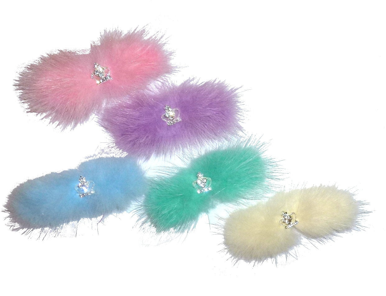 Puppy Bows ~ 3" fuzzy feather fur marabou swatch puff with rhinestone crown pet dog hair bow (fb4)
