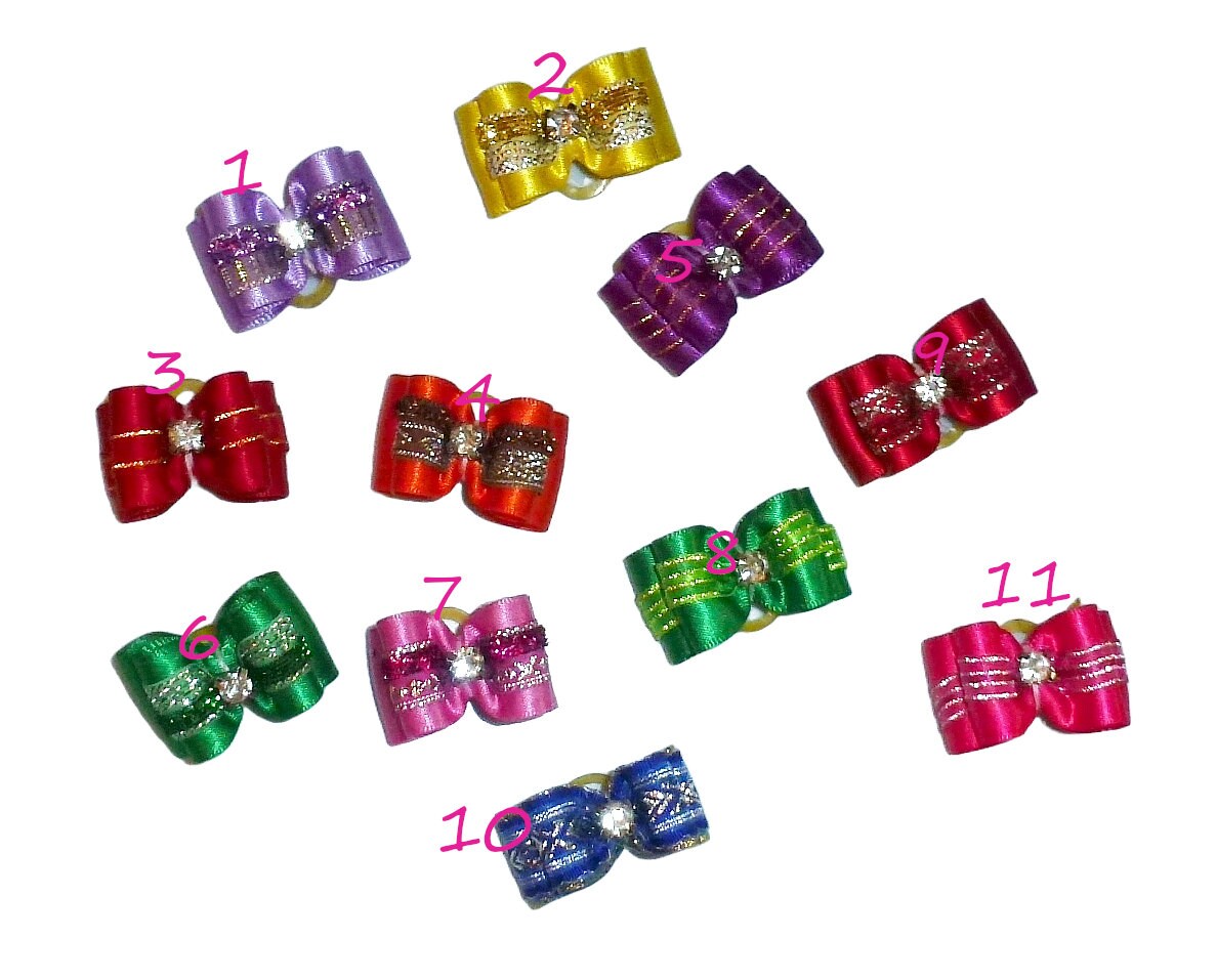 Show bows FINAL CLEARANCE 7/8" satin metallic strip rhinestone center dog pet hair bow (Fb19)