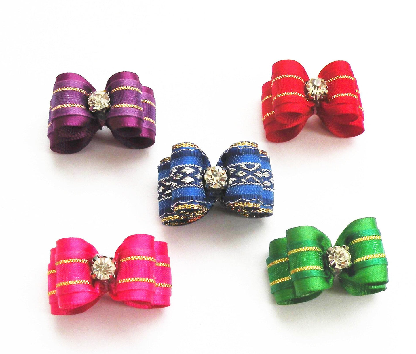 Show bows FINAL CLEARANCE 7/8" satin metallic strip rhinestone center dog pet hair bow (Fb19)