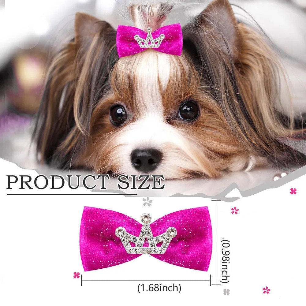 Dog bows rhinestone crown glitter velvet pet hair bow barrettes or bands (fb100D)
