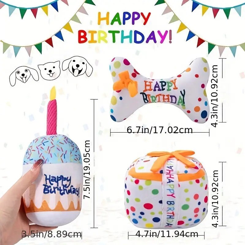 Happy Birthday plush stuffed dog gift squeaky party decor favor toy photo prop