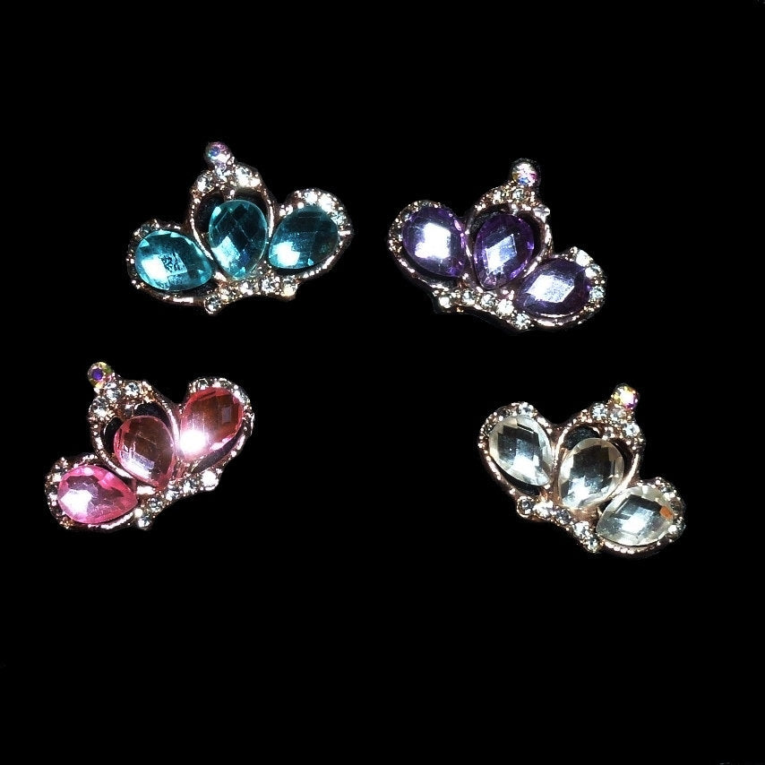 Puppy Bows ~ TINY 1" rhinestone crystal crown dog bow pet hair clip topknot barrette pink or purple (fb277)