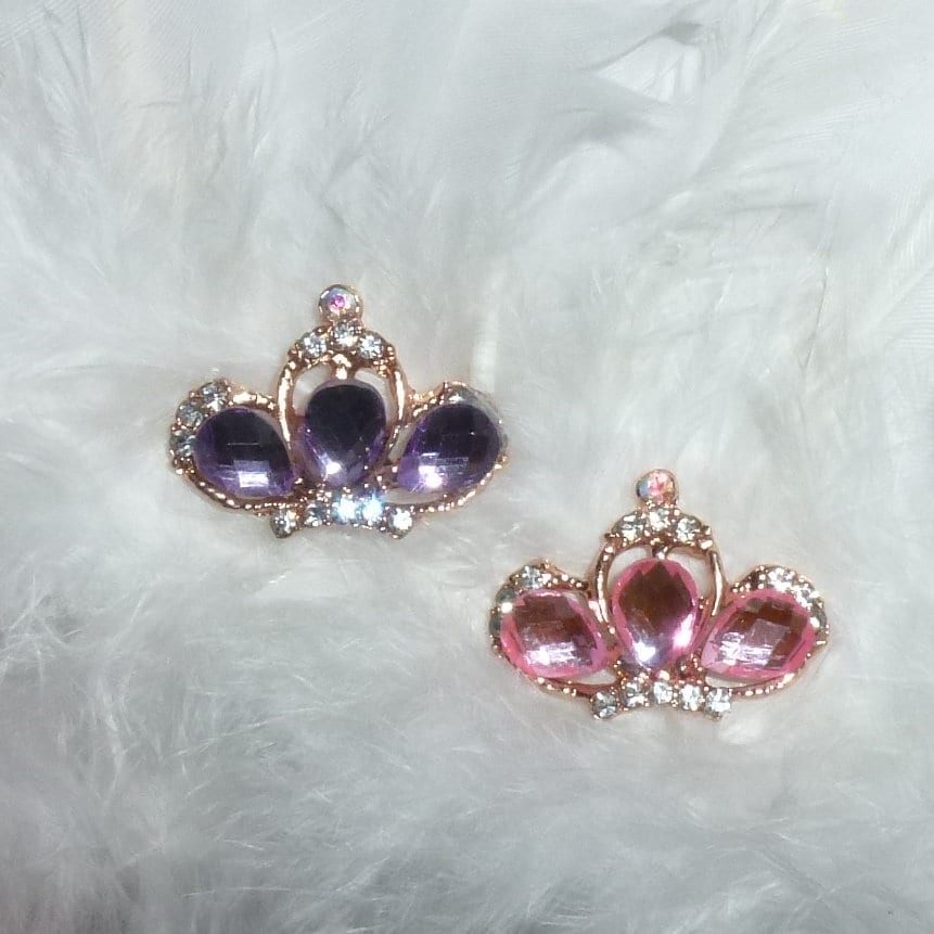 Puppy Bows ~ TINY 1" rhinestone crystal crown dog bow pet hair clip topknot barrette pink or purple (fb277)