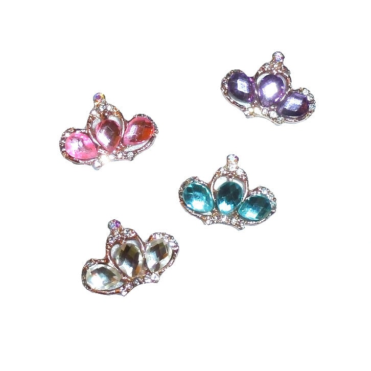 Puppy Bows ~ TINY 1" rhinestone crystal crown dog bow pet hair clip topknot barrette pink or purple (fb277)
