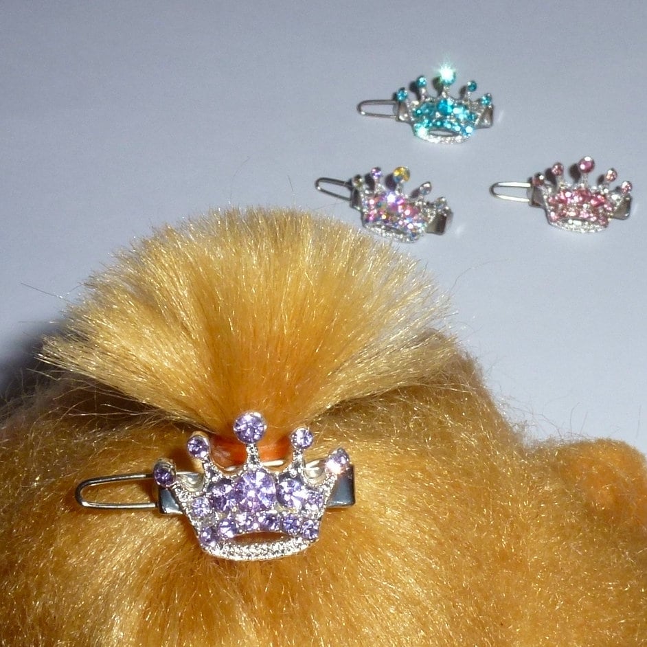 Puppy Bows ~ TINY 3/4" rhinestone crystal crown dog bow pet hair clip topknot barrette 10 colors!! (fb282)