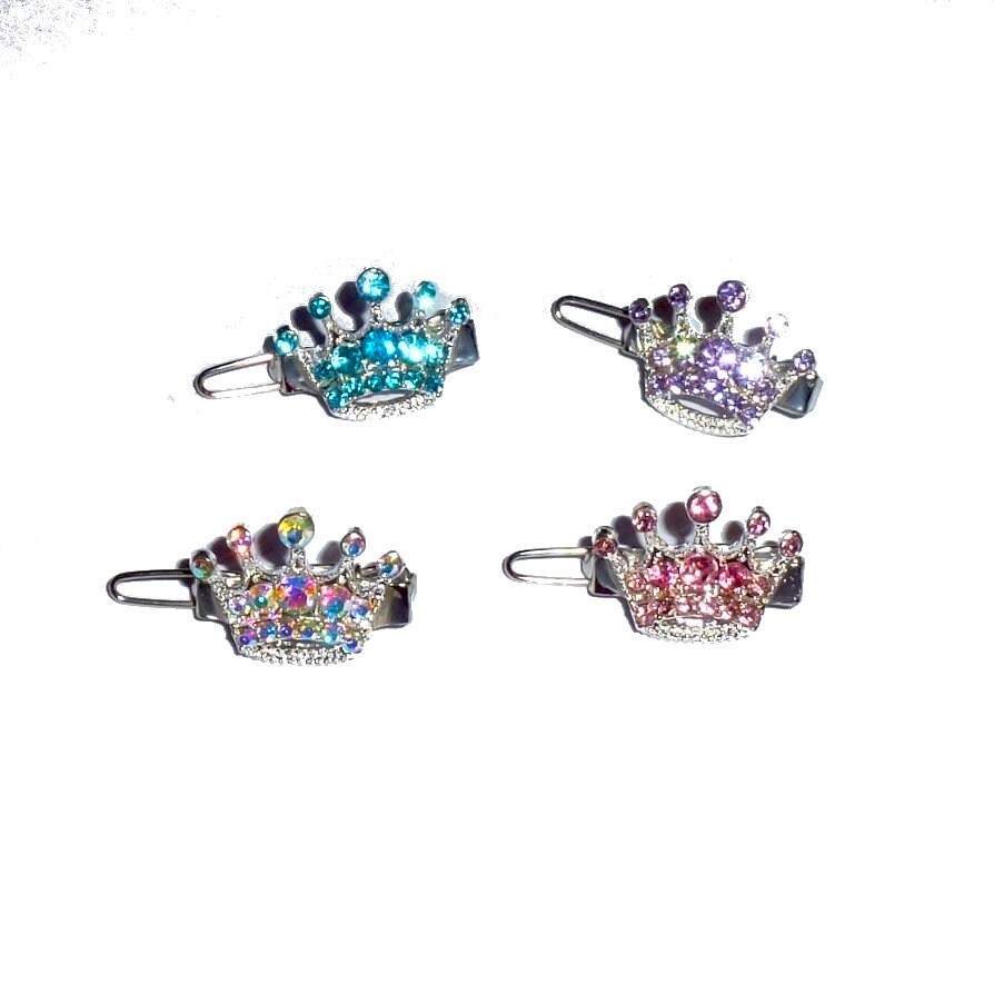 Puppy Bows ~ TINY 3/4" rhinestone crystal crown dog bow pet hair clip topknot barrette 10 colors!! (fb282)