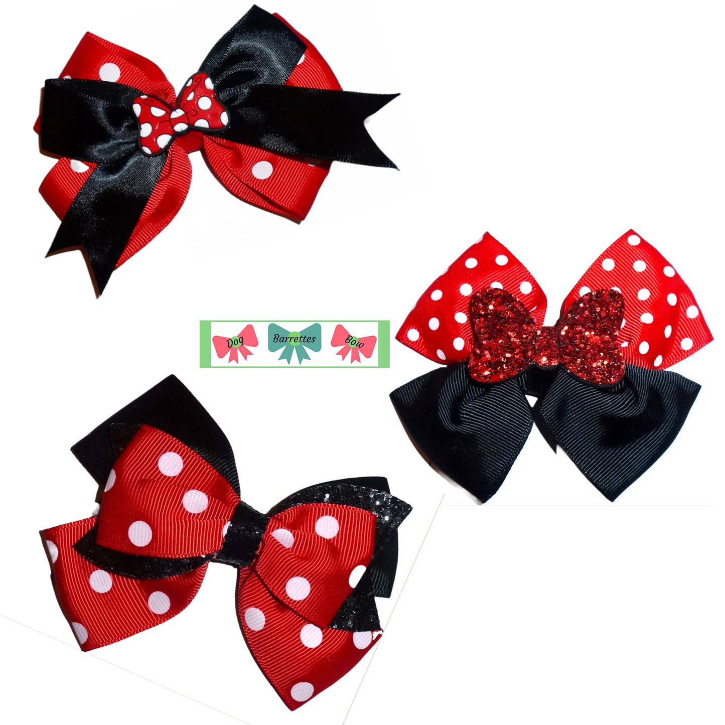 Puppy Bows ~ Minnie Mouse red glitter dots dog bow bands or barrette clips or collar slide (fb524A)