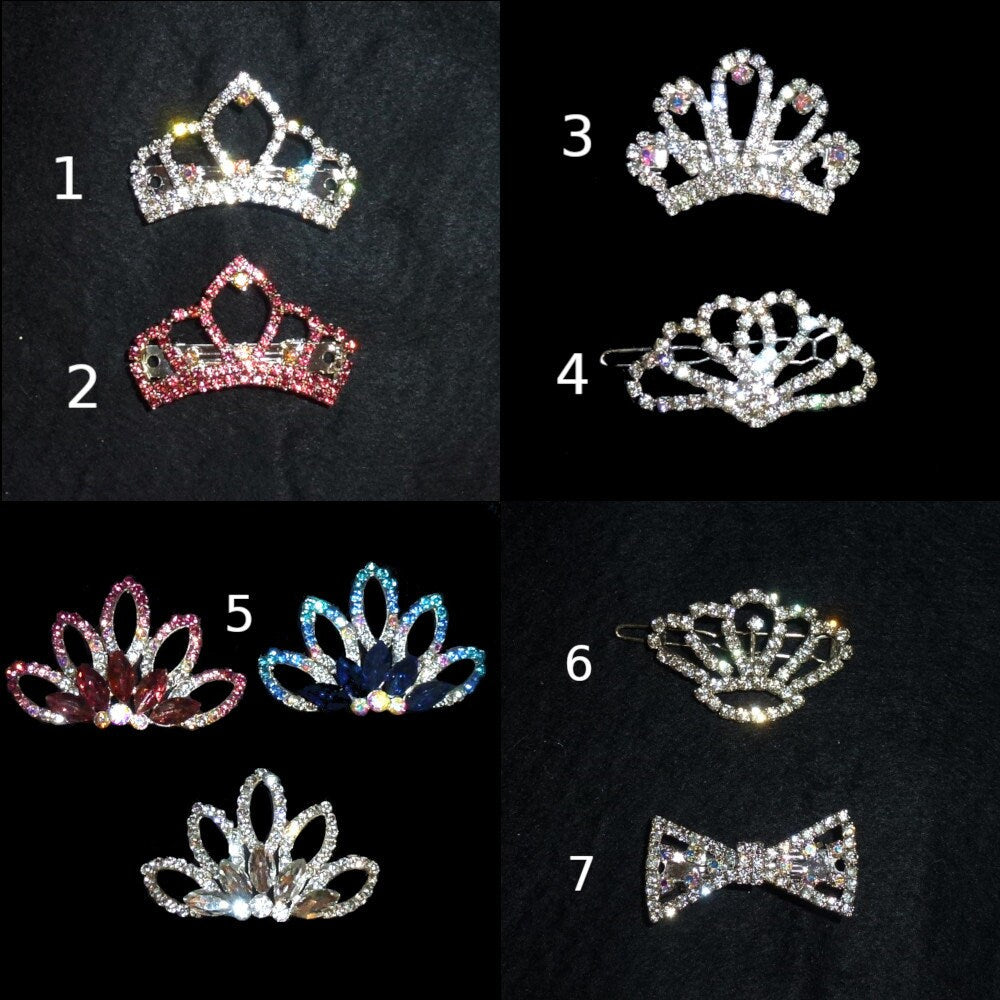 Puppy Bows ~ Rhinestone TIARA multi styles dog hair barrette clip CRYSTAL styles 1-7 ~USA seller