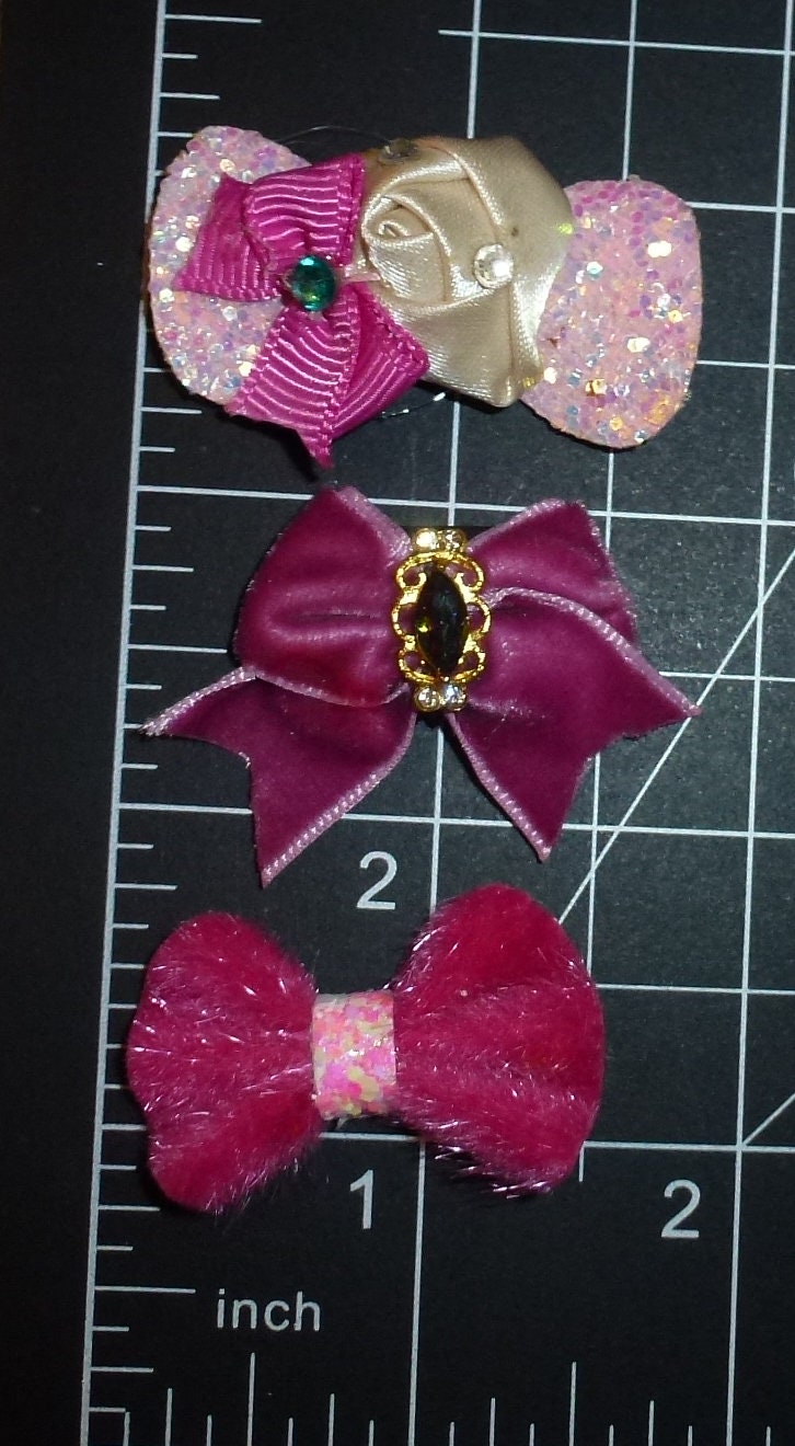 Dog Bow Barrettes pink velvet 3pcs pet hair grooming bows (FB396g)