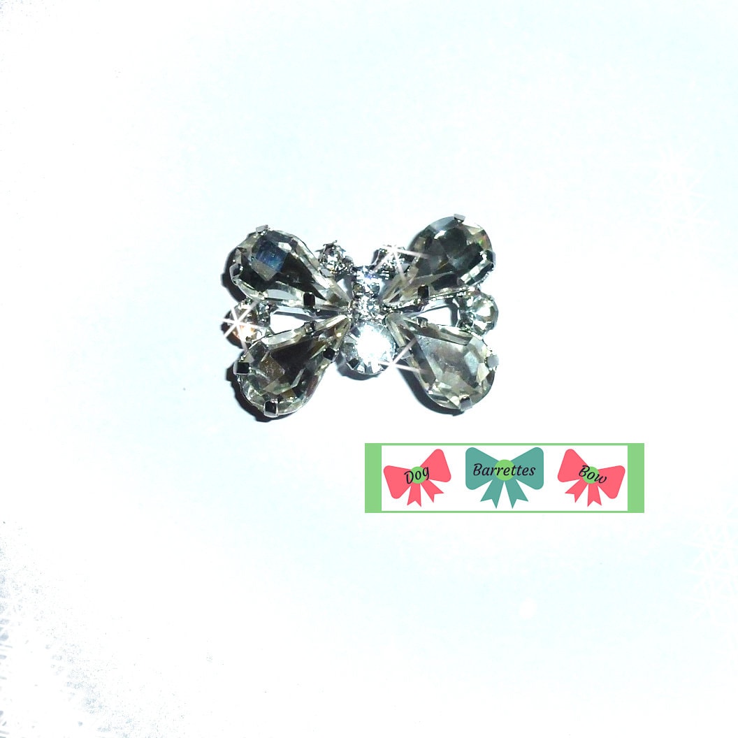 Puppy Bows ~ Small crystal pink or blue butterfly style 72 rhinestone dog bow barrette