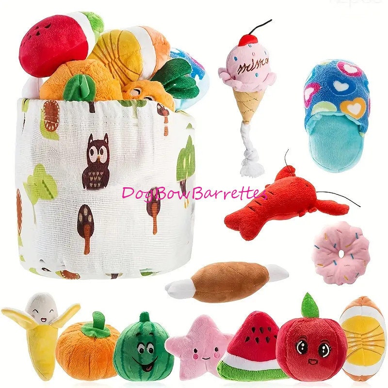 DogBowBarrettes food and fun assortment party favor decor plush stuffed squeaky dog toy (to14)