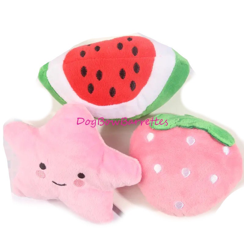 DogBowBarrettes 4" pink strawberry or watermelon plush dog party favor decor stuffed squeaky Photo prop dog toy (to13)