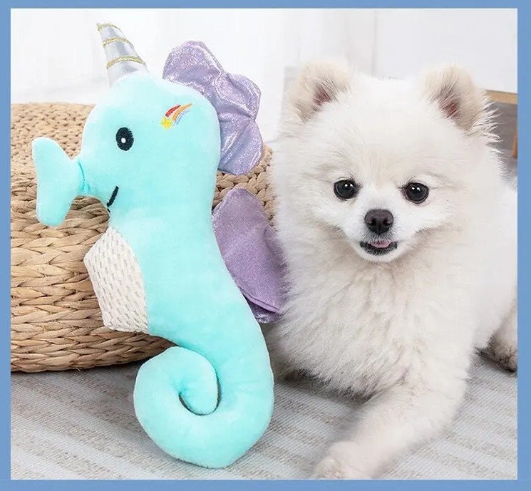 DogBowBarrettes Seahorse blu 11" plush stuffed squeaky party home animal decor dog toy (to4)