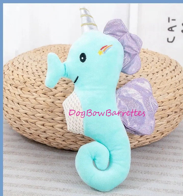 DogBowBarrettes Seahorse blu 11" plush stuffed squeaky party home animal decor dog toy (to4)