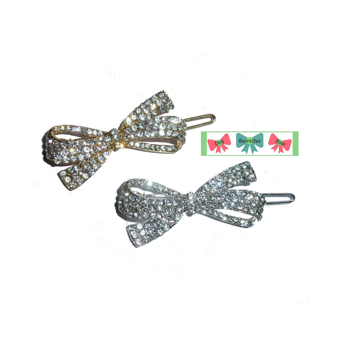 Puppy Bows ~ Small Gold or silver bowknot style 71 rhinestone dog bow barrette crystal