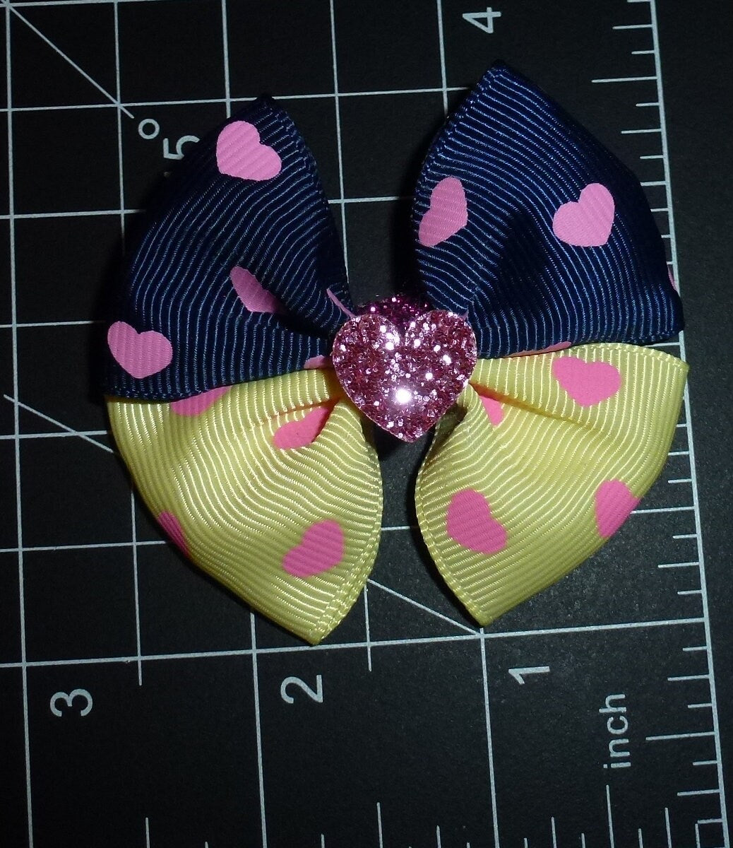 Puppy Dog Bows navy/yellow glitter heart pet hair show bow barrettes or bands (FB188g)