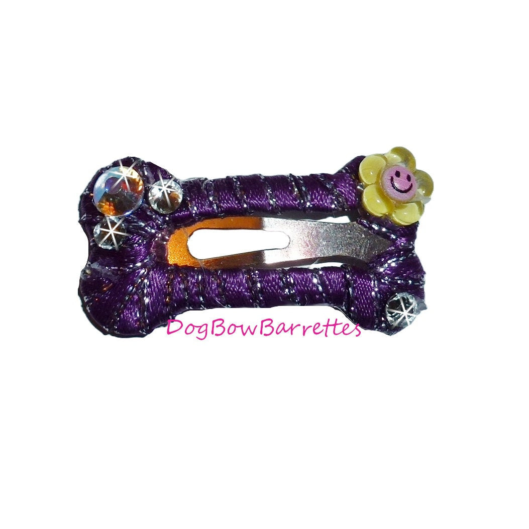 Dog hair bows purple and gold dog bone snap clip with rhinestones (fb205)