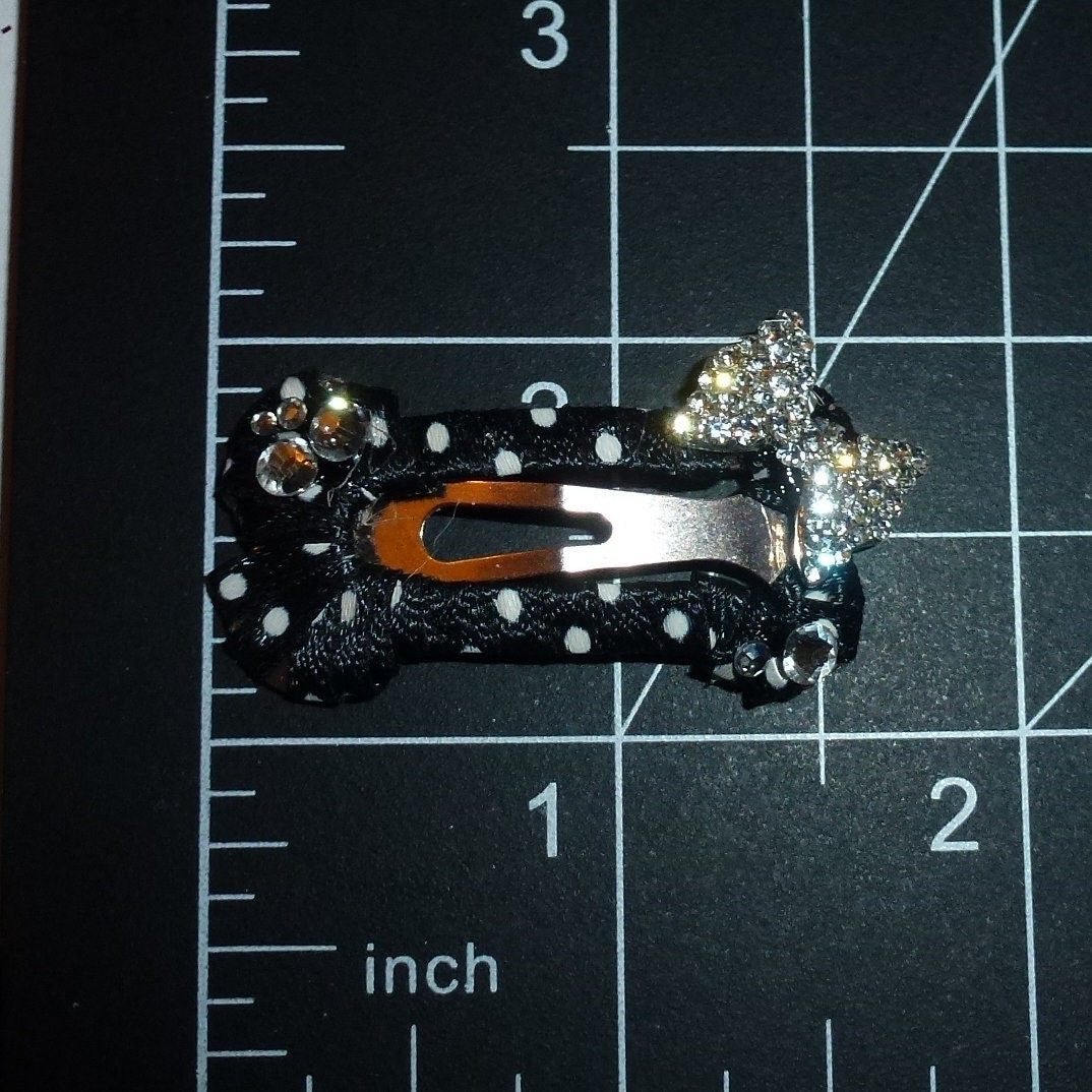 Dog hair bows black white dots dog bone snap clip with rhinestone bow (fb205)