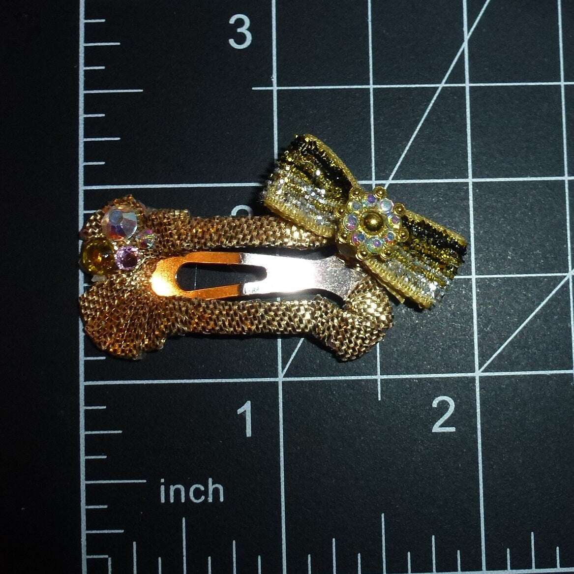 Dog hair bows metallic gold dog bone snap clip with rhinestones (fb205)