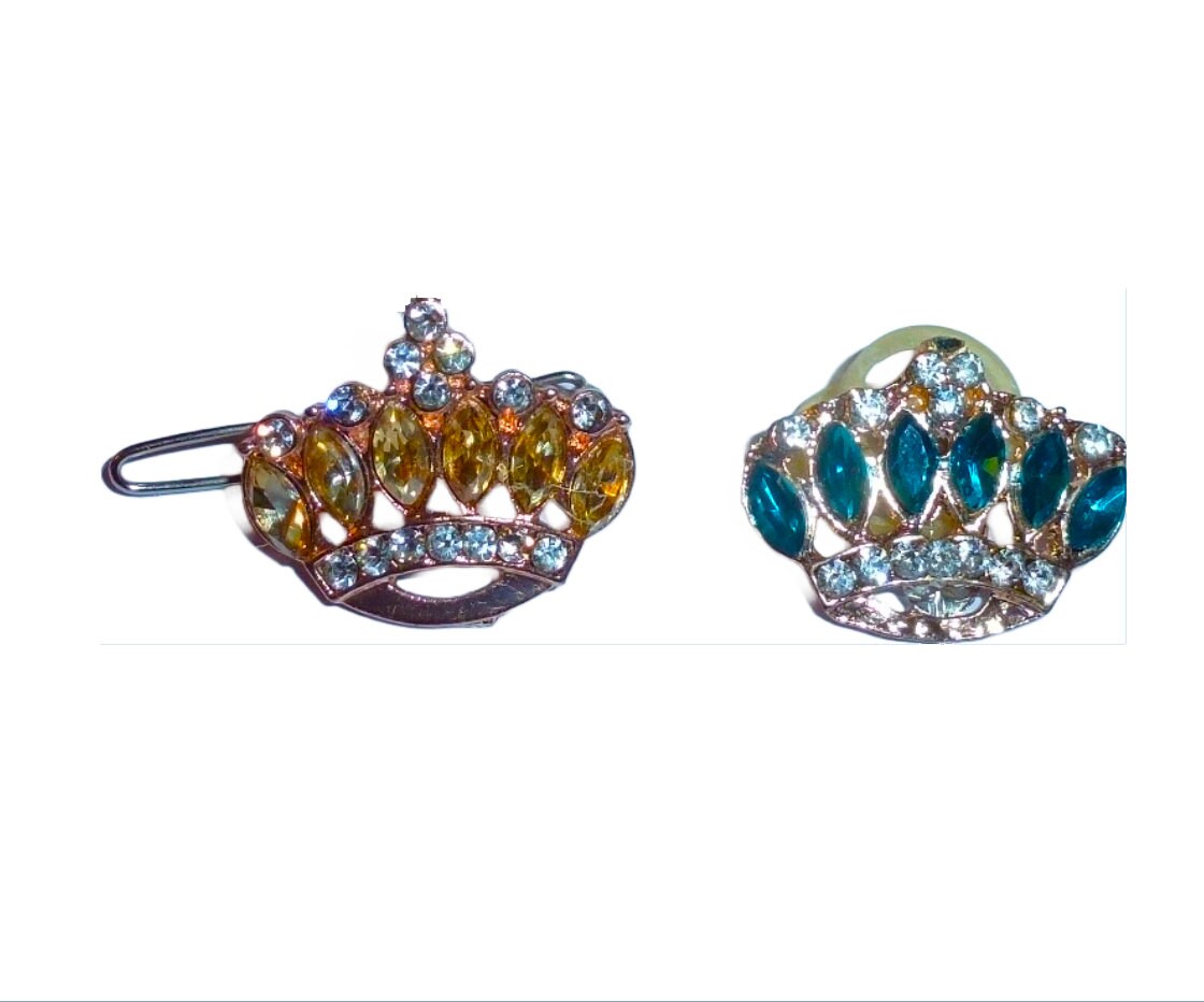 Dog Bows ~ Crown gold or blue Wee super tiny bow less than 1" pet hair barrette clip (fb411C)