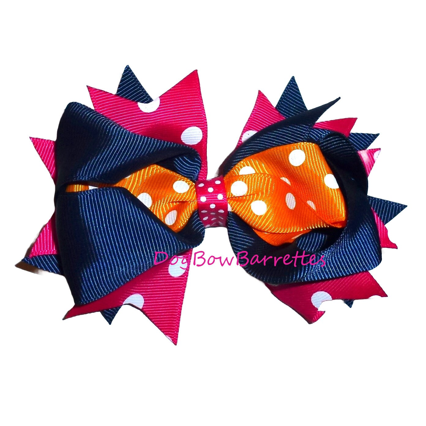 Orange navy dot bow 5" big dog hair bowknot bow bands or barrette or collar slide (fb318)