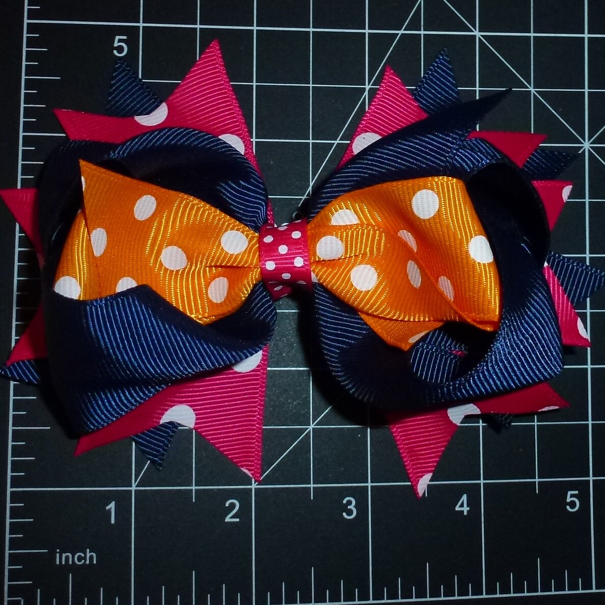 Orange navy dot bow 5" big dog hair bowknot bow bands or barrette or collar slide (fb318)