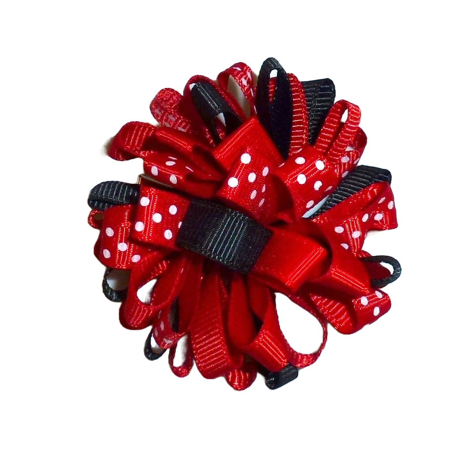 Puppy Bows ~ Fun multi loopy puff red black dots hair bows collar slide barrette or bands pet dog bow
