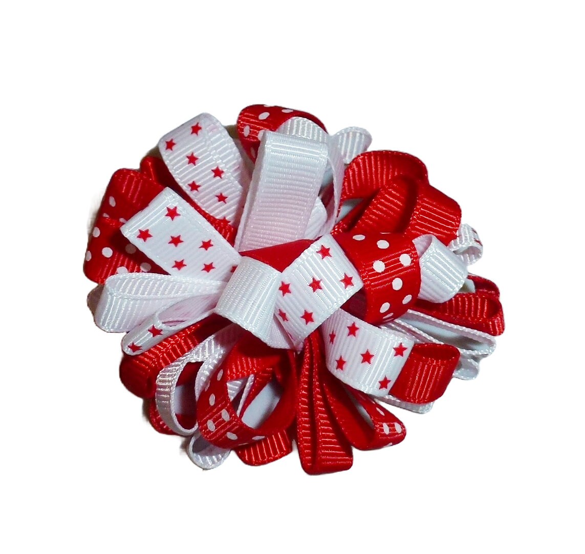 Puppy Bows ~ Fun multi loopy puff red white stars hair bows collar slide barrette or bands pet dog bow
