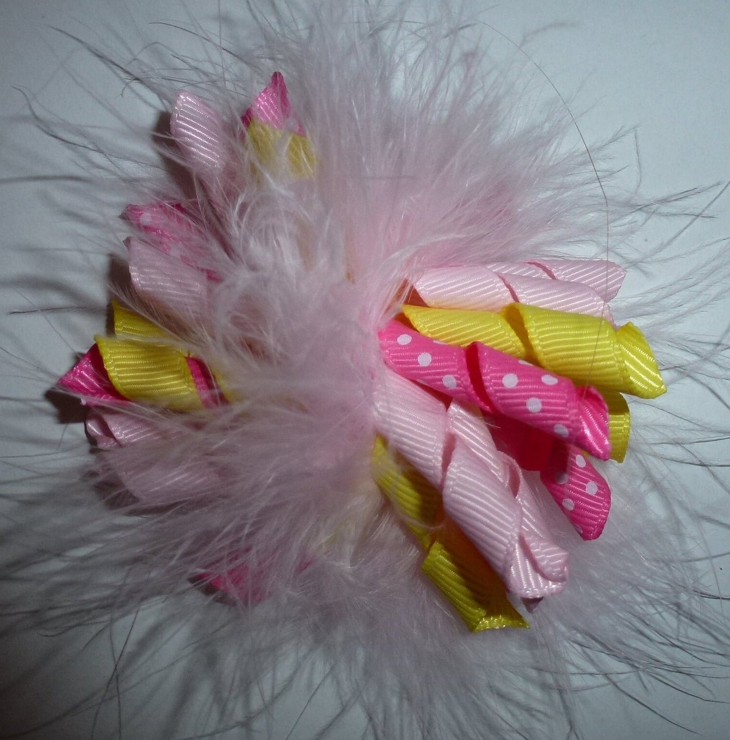 Puppy Bows feather boa pink yellow fuzzy Korker loop hair bow or collar slide pet hair clip barrette or latex bands (fb120)