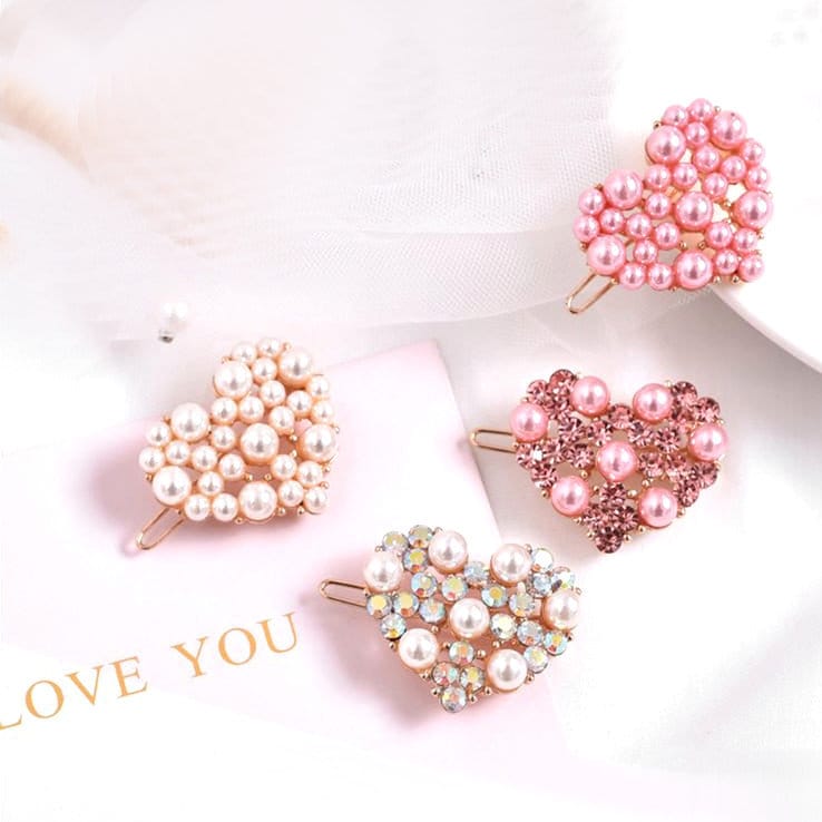 Puppy Bows ~ small 1.25" rhinestone crystal heart pearl dog bow pet hair clip topknot barrette 4 colors!! (fb279)