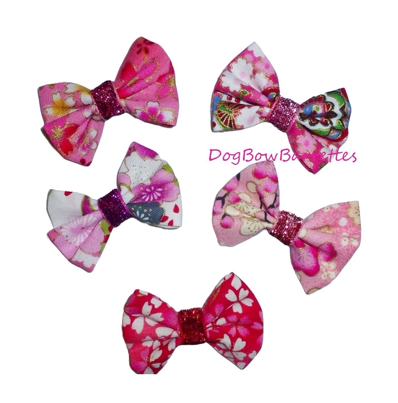Puppy Dog Bows ~ 5 cherry blossom sakura pink/red pet hair bow barrettes (fb334C)