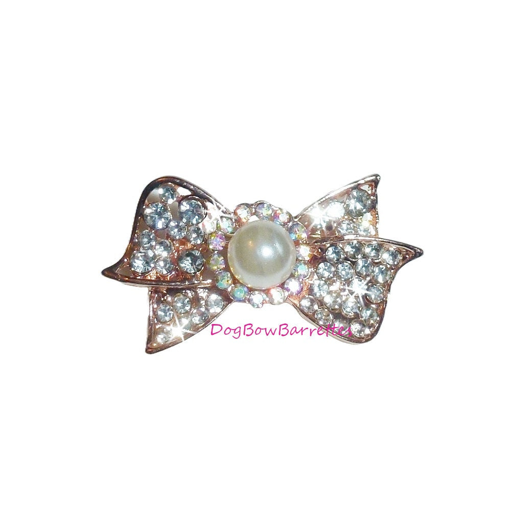 Puppy Bows ~ Small swallowtail pearl & rhinestone bowknot dog bow pet hair clip topknot barrette Style #103