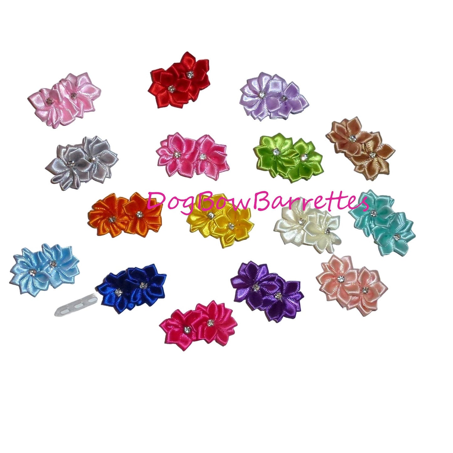 Puppy Bows satin flowers rhinestone centers dog bows barrette or bands pet hair bow - (fb224C)