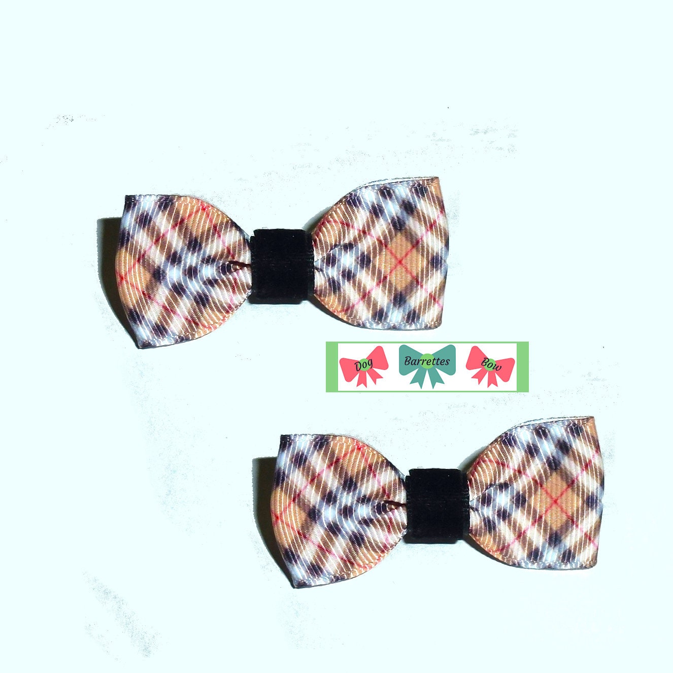 Puppy Dog Bows ~ Black tan white plaid TWO pet hair bow barrettes or bands (fb45)