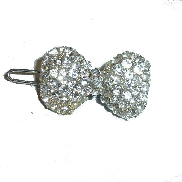 Puppy Bows ~ Wee super Tiny bow 1" white or AB crystal barrette pet bowknot hair clip (rb82)