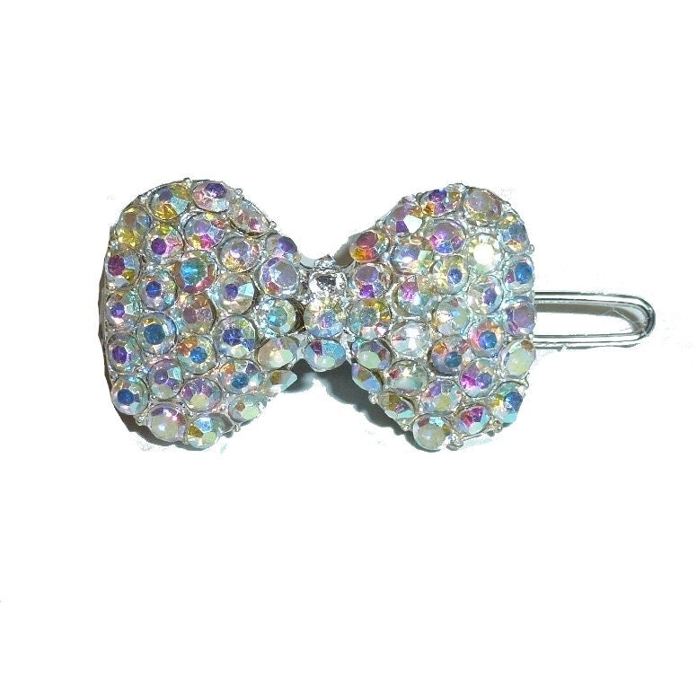 Puppy Bows ~ Wee super Tiny bow 1" white or AB crystal barrette pet bowknot hair clip (rb82)