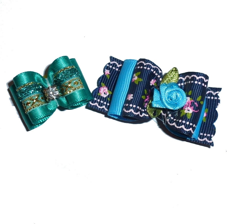 Puppy bows SALE 2 for 3.00 blue rose sparkle show pet hair show bow barrettes (FB408a)