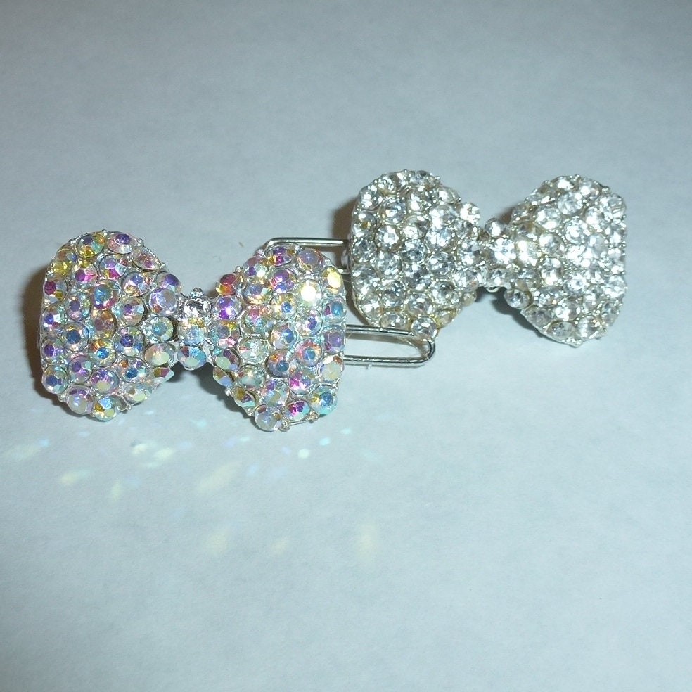 Puppy Bows ~ Wee super Tiny bow 1" white or AB crystal barrette pet bowknot hair clip (rb82)