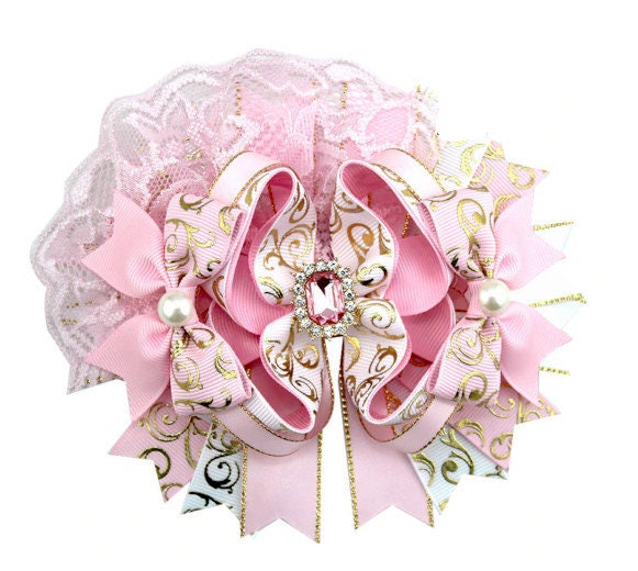 Puppy Bows ~ Pink gold lace rhinestone pearls over the top amazing! dog collar slide flower barrette hair accessory ~USA seller (DC9)