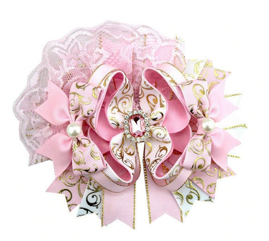 Puppy Bows ~  Pink gold lace rhinestone pearls over the top amazing! dog collar slide flower barrette hair accessory  ~USA seller (DC9)