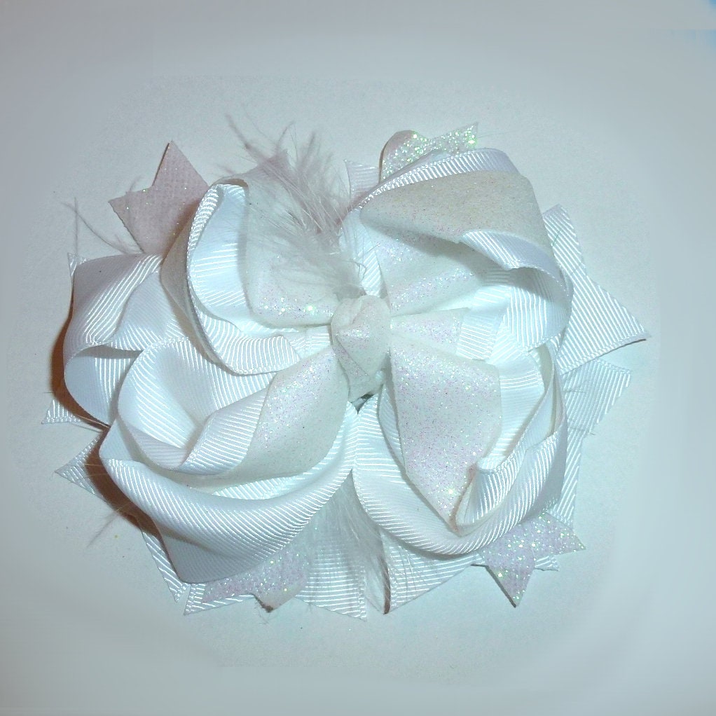 Puppy Bows ~ White feather glitter bow 5" big bowknot bow bands or barrette or collar slide (DC45)